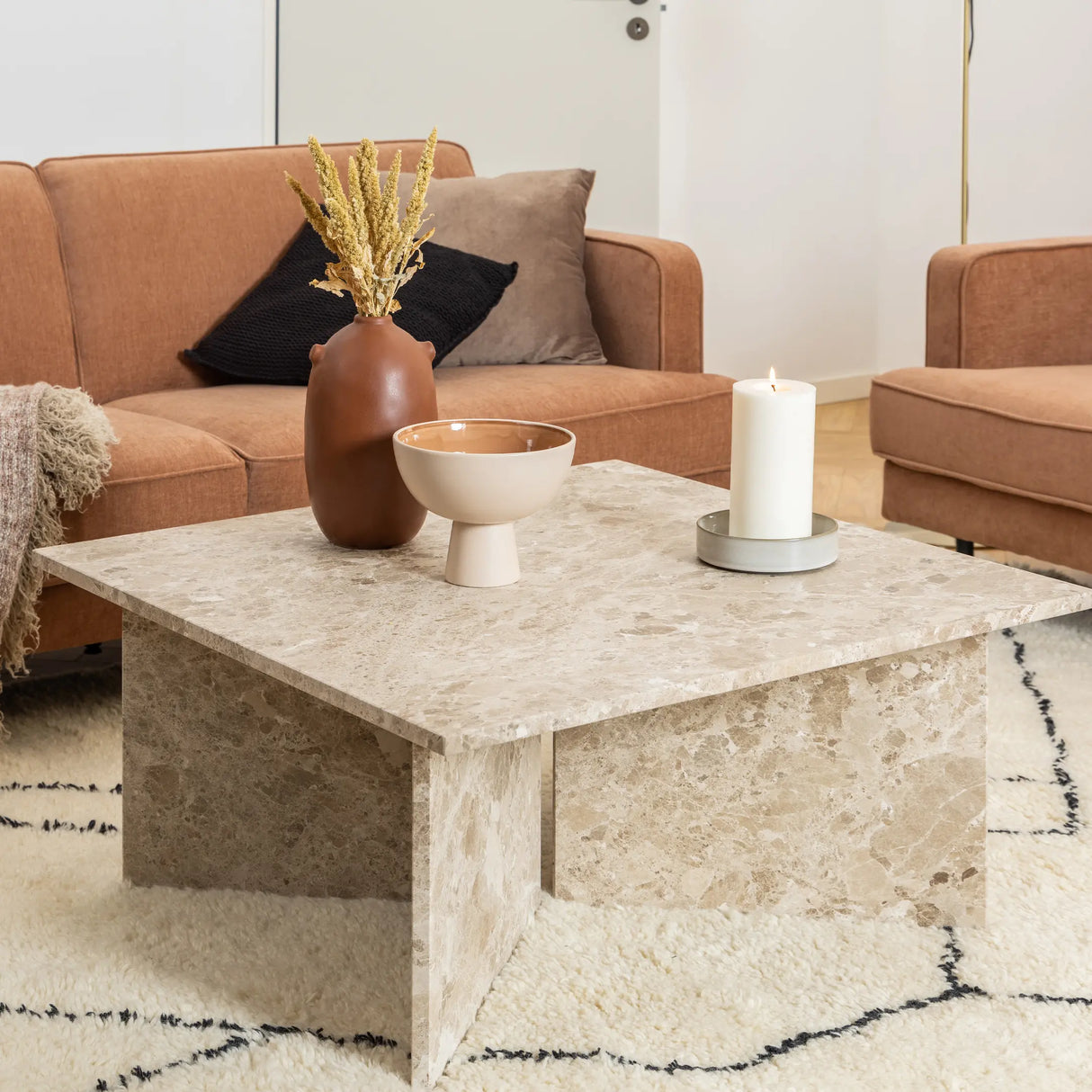 Vega Square Coffee Table with Brown Marble Top 90cm