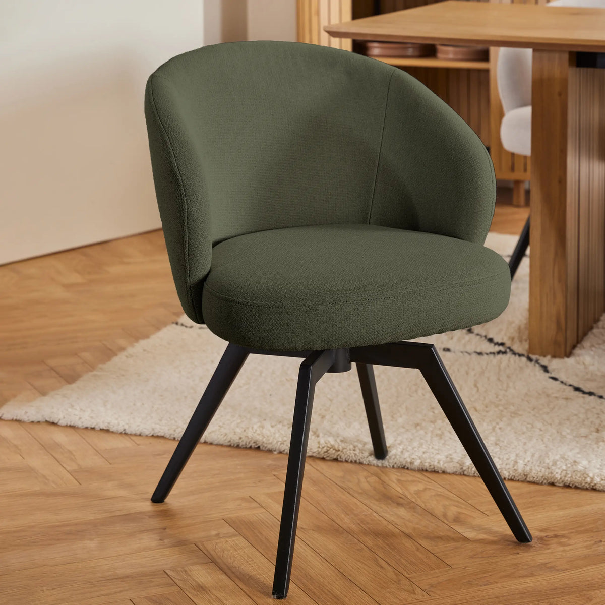 Soli Round Dining Table in Oak/Black 120x75cm includes 4 Darlene Dining Chair includes Armrest and Swivel Function in Green