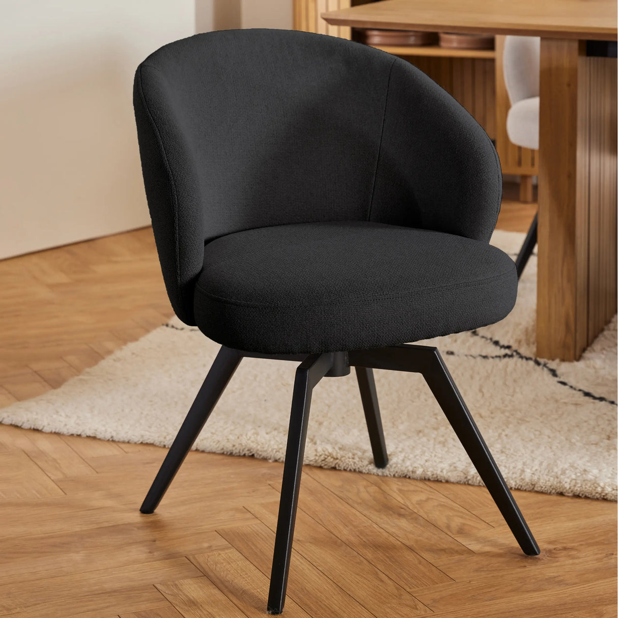 Soli Round Dining Table in Oak/Black 120x75cm includes 4 Darlene Dining Chair includes Armrest and Swivel Function in Black