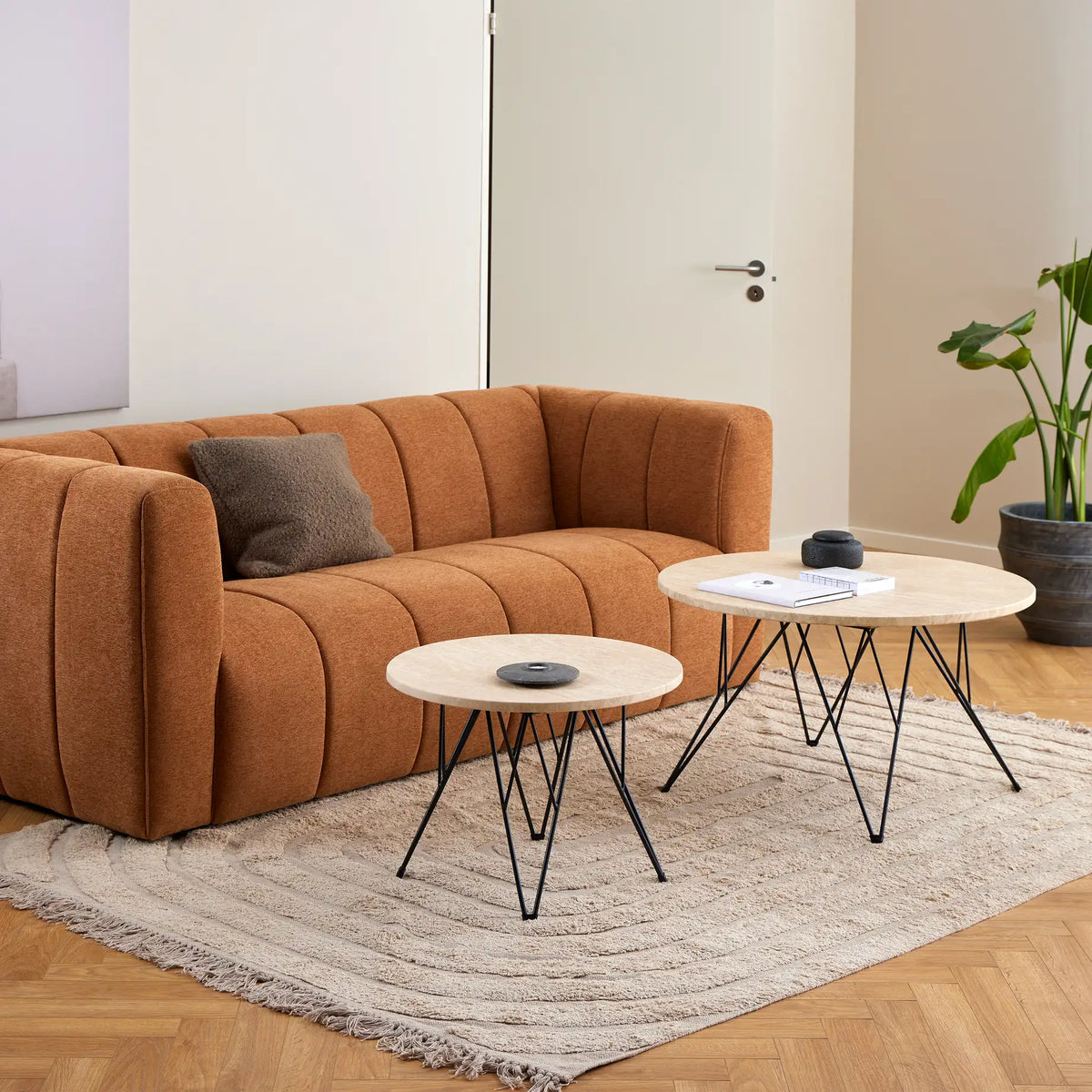 Prunus Round Side Table in Matt Beige and Black Coated Steel Base 55x41.4cm