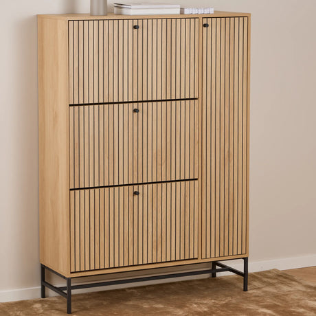 Albany Shoe Cabinet 3 Flip Down Doors 1 Pull Open Door in Oak/Black Legs