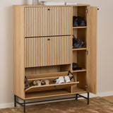 Albany Shoe Cabinet 3 Flip Down Doors 1 Pull Open Door in Oak/Black Legs