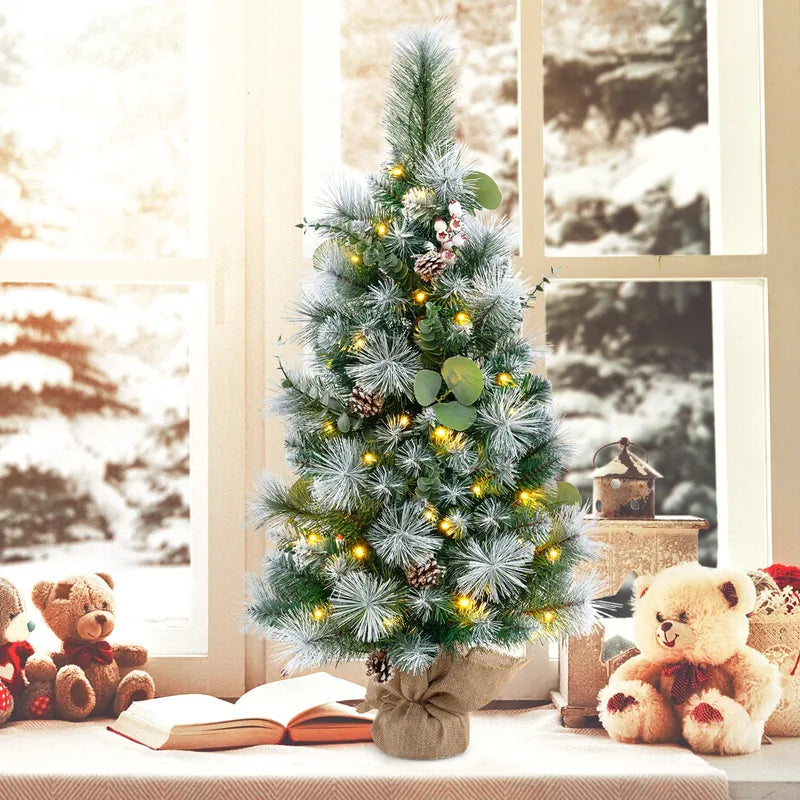3 FT Pre-Lit Artificial Mini Christmas Tree with 98 Flocked PVC and Pine Needles