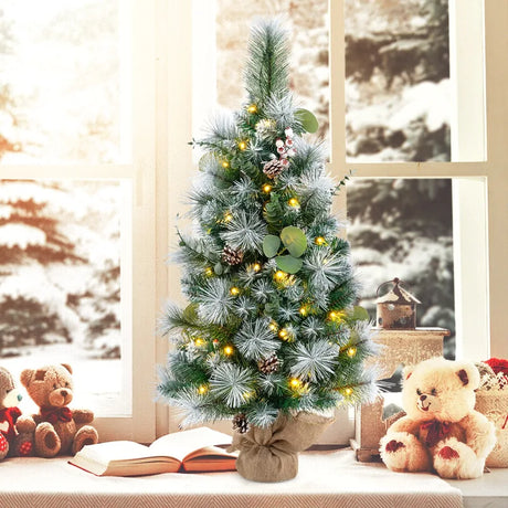 3 FT Pre-Lit Artificial Mini Christmas Tree with 98 Flocked PVC and Pine Needles
