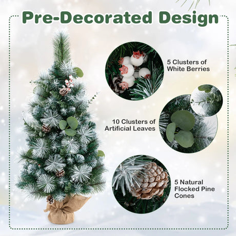 3 FT Pre-Lit Artificial Mini Christmas Tree with 98 Flocked PVC and Pine Needles