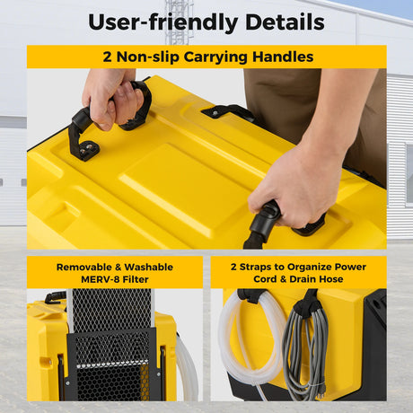 90L/Day Commercial Dehumidifier with Pump and 2 Wheels-Yellow
