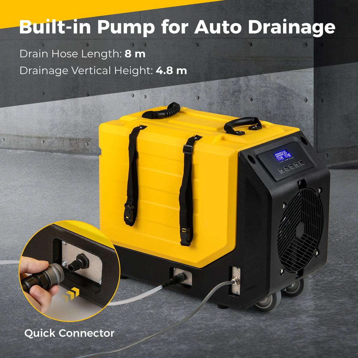 90L/Day Commercial Dehumidifier with Pump and 2 Wheels-Yellow
