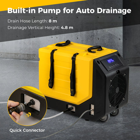 90L/Day Commercial Dehumidifier with Pump and 2 Wheels-Yellow