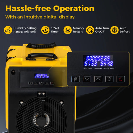 90L/Day Commercial Dehumidifier with Pump and 2 Wheels-Yellow