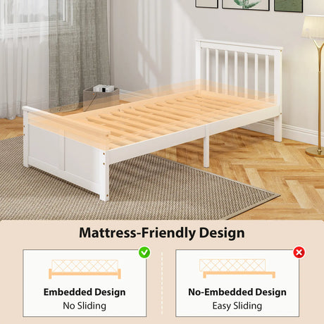 HOMCOM Wooden Single Bed Frame, with Drawers - White