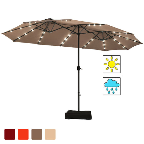 15 Ft Solar LED Patio Double-sided Umbrella Market Umbrella with Weight Base