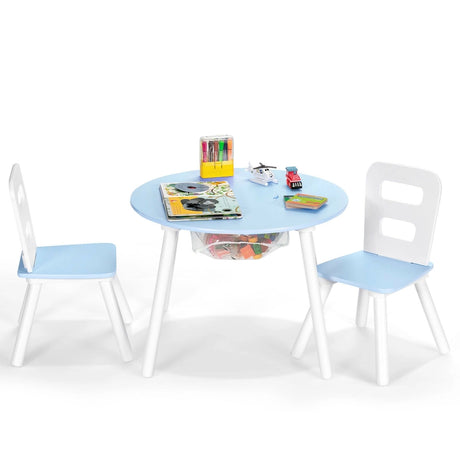 Wood Activity Kids Table and Chair Set with Center Mesh Storage for Snack Time and Homework-Blue