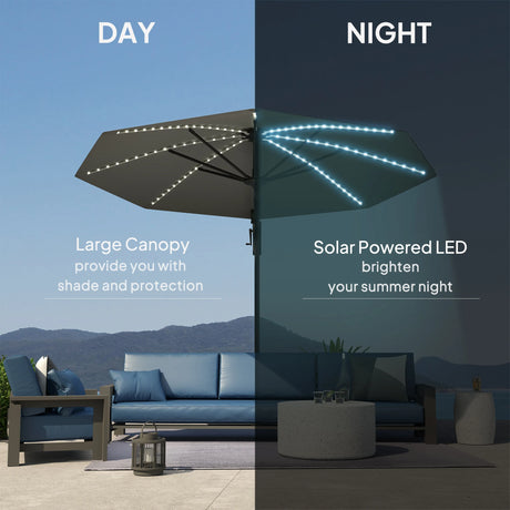 Outsunny 3(m) Cantilever Garden Parasol with Solar Powered Lights, Crank Handle & Cross Base, UPF 50+, 360 Rotation, Dark Grey