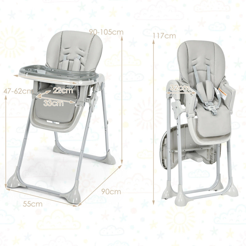 Baby Foldable Convertible High Chair with Adjustable Height Recline-Grey