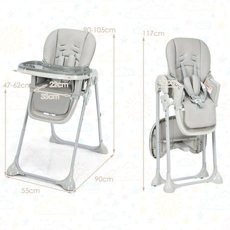 Baby Foldable Convertible High Chair with Adjustable Height Recline-Grey