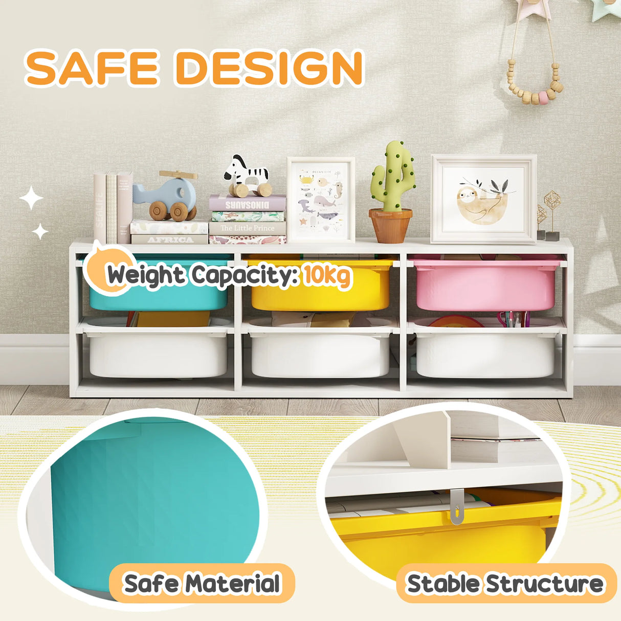 AIYAPLAY Low Height 2 Tiers Storage Organiser, Kids Toy Storage Unit with 6 Removable Bins for Bedroom, Nursery, Playroom