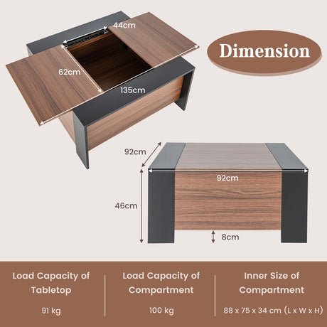 36.5 Inch Coffee Table with Sliding Top and Hidden Compartment-Rustic Brown