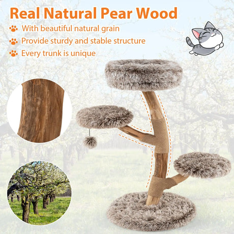 92CM Solid Pear Wood Cat Tree with Perch and Dangling Ball-Grey