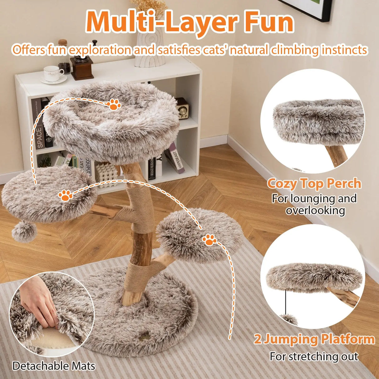 92CM Solid Pear Wood Cat Tree with Perch and Dangling Ball-Grey