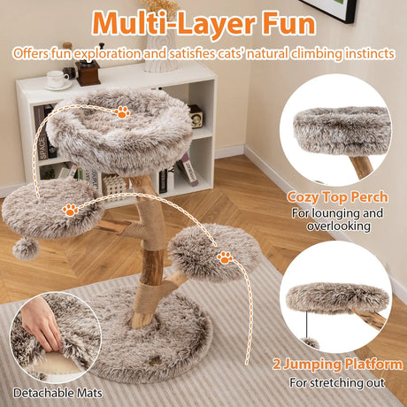 92CM Solid Pear Wood Cat Tree with Perch and Dangling Ball-Grey