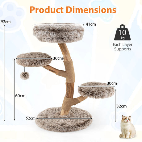 92CM Solid Pear Wood Cat Tree with Perch and Dangling Ball-Grey