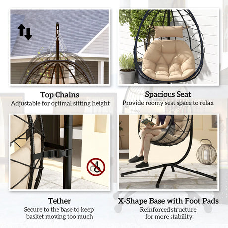 Outsunny Hanging Egg Chair Outdoor Indoor Garden Swing Chair with Folding Basket, Thickened Cushion, Garden Hanging Chair with Stand, Headrest for Patio, Balcony, Khaki