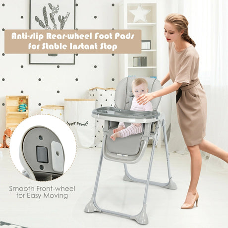 Baby Foldable Convertible High Chair with Adjustable Height Recline-Grey