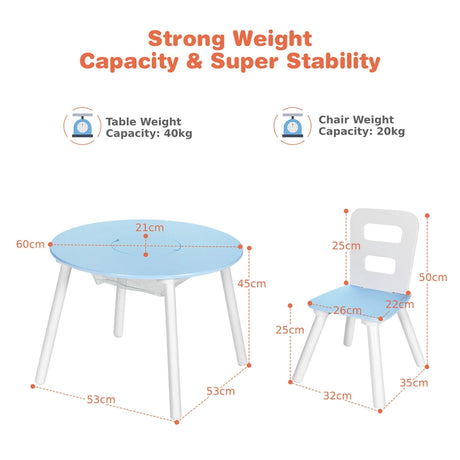 Wood Activity Kids Table and Chair Set with Center Mesh Storage for Snack Time and Homework-Blue