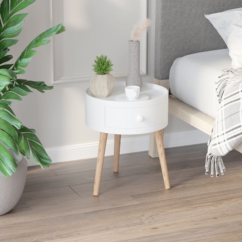 HOMCOM Modern Side Table, Small Coffee Table, Round Bedside Table with Drawer and Wood Legs for Living Room, Bedroom, White