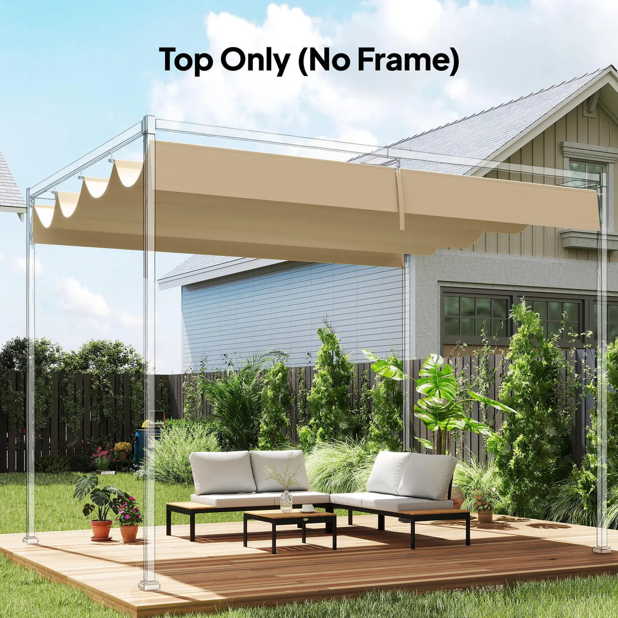 Outsunny Retractable Pergola Canopy Only, 3.92 x 3.5 m, UV30+ Replacement Canopy Cover for 4 x 3 m Pergola, Khaki