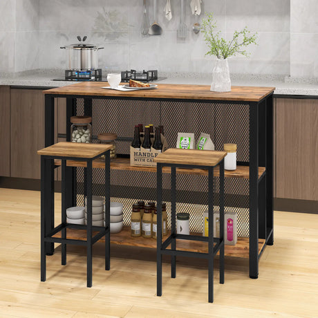 36" 3-Tier Bar Table with Storage Metal Frame Adjustable Foot Pads for Dining Room-Rustic Brown