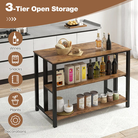 36" 3-Tier Bar Table with Storage Metal Frame Adjustable Foot Pads for Dining Room-Rustic Brown