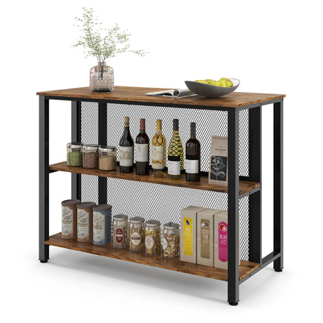 36" 3-Tier Bar Table with Storage Metal Frame Adjustable Foot Pads for Dining Room-Rustic Brown