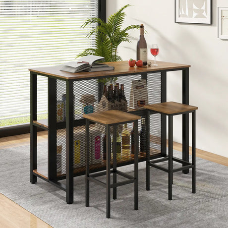 36" 3-Tier Bar Table with Storage Metal Frame Adjustable Foot Pads for Dining Room-Rustic Brown