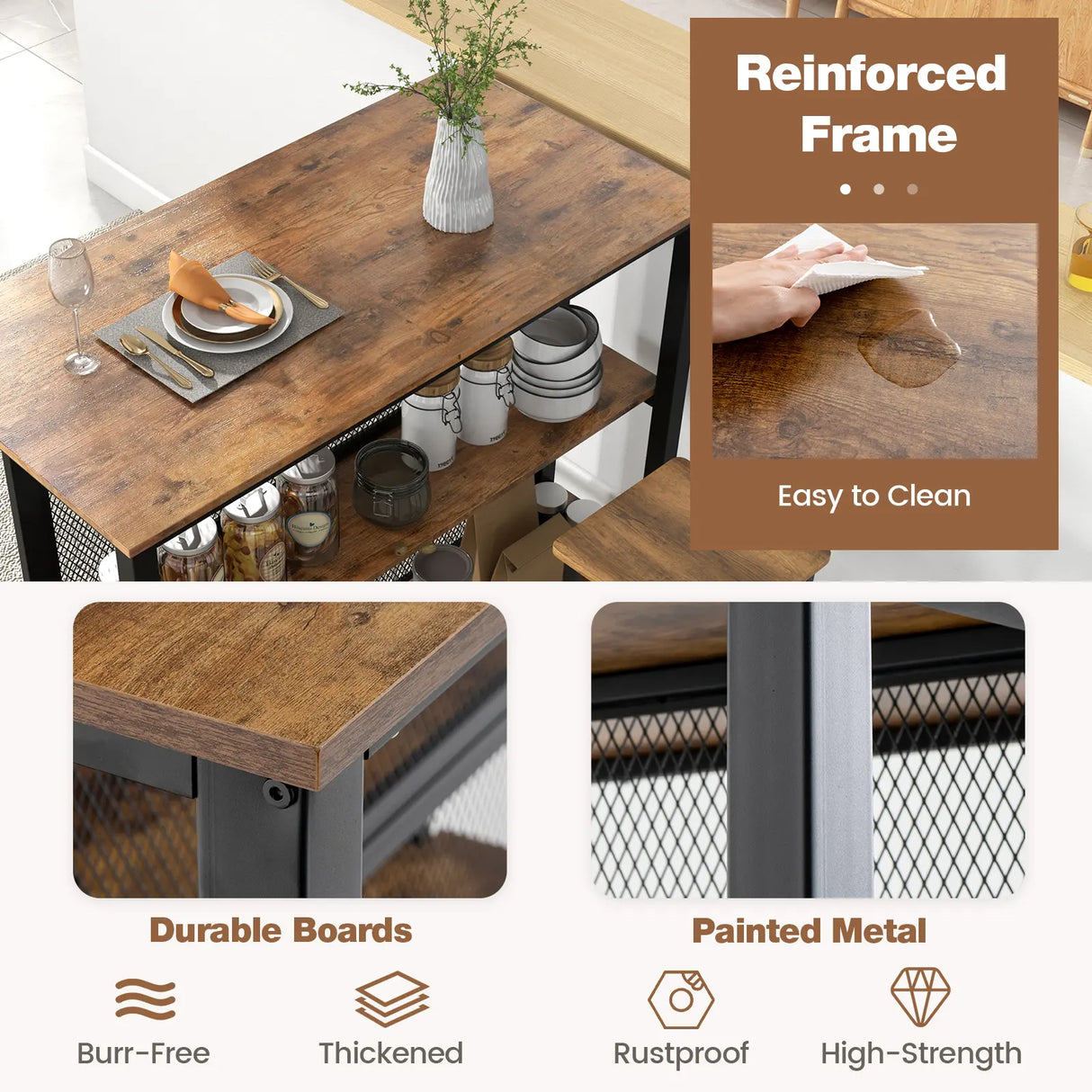 36" 3-Tier Bar Table with Storage Metal Frame Adjustable Foot Pads for Dining Room-Rustic Brown