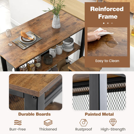 36" 3-Tier Bar Table with Storage Metal Frame Adjustable Foot Pads for Dining Room-Rustic Brown