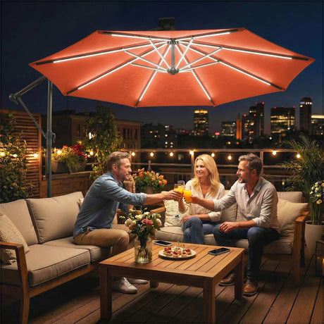 Outsunny 3 m Garden Cantilever Parasol with LED Solar Light, Round Overhanging Umbrella with 360 Rotation, Cover, Orange
