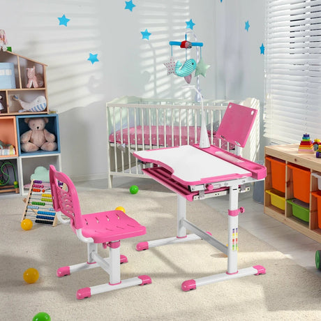 Height Adjustable Kids Study Table and Chair Set with Bookstand-Pink