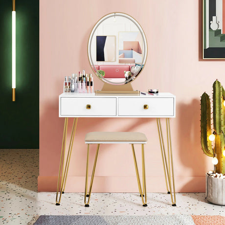 Dressing Table with Vanity Mirror and Stool-White