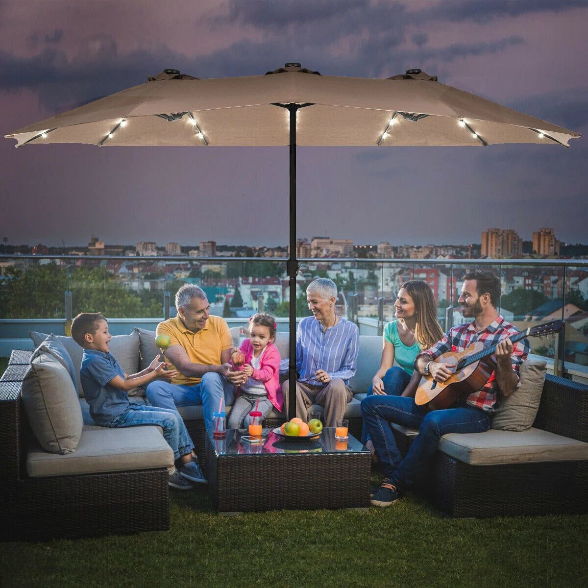 15 Ft Solar LED Patio Double-sided Umbrella Market Umbrella with Weight Base