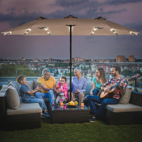 15 Ft Solar LED Patio Double-sided Umbrella Market Umbrella with Weight Base