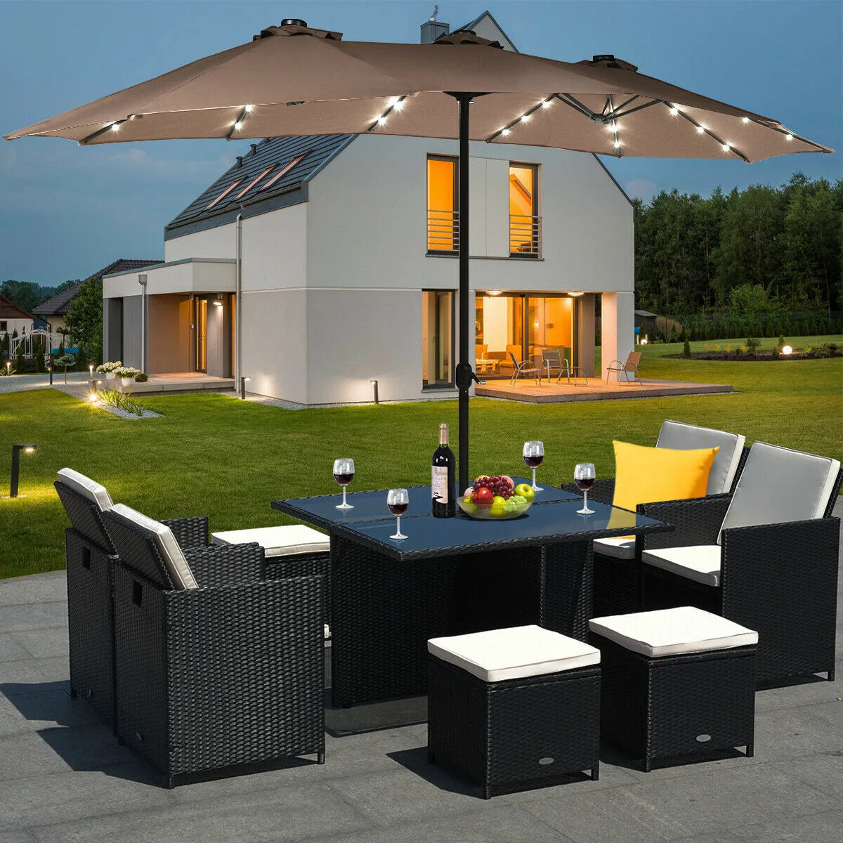 15 Ft Solar LED Patio Double-sided Umbrella Market Umbrella with Weight Base