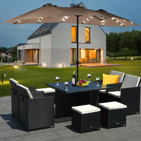 15 Ft Solar LED Patio Double-sided Umbrella Market Umbrella with Weight Base