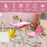 Height Adjustable Kids Study Table and Chair Set with Bookstand-Pink