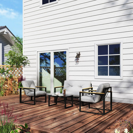 Outsunny Garden Furniture Set, 4 Piece Indoor Outdoor Conservatory with Loveseat Sofa, Armchairs, Glass Top Coffee Table, Cushions for Balcony, Poolside, Patio, Light Grey