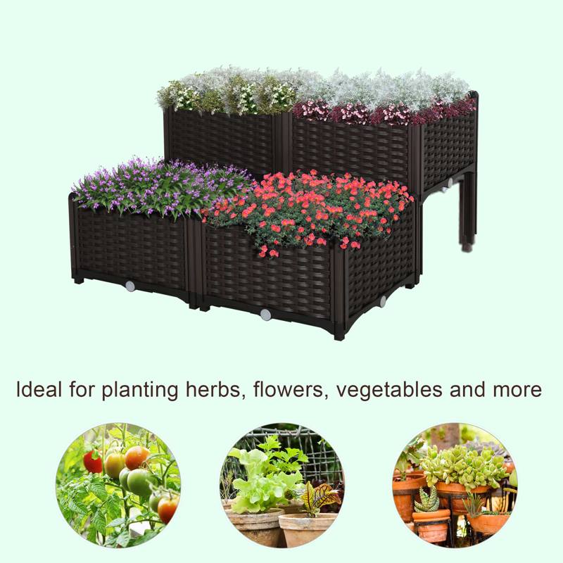 Outsunny Set of 4 26L Garden Raised Bed Elevated Patio Flower Plant Planter Box PP Vegetables Planting Container, Brown