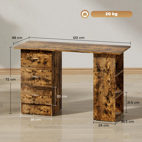 HOMCOM Computer Desk, Writing Table, PC Workstation with 3 Storage Shelves and Drawers, Silver Handle, for Home Office, Rustic Brown