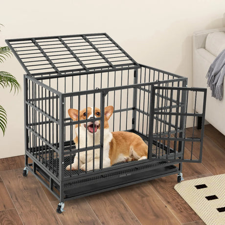 96CM/120CM Foldable Heavy-Duty Metal Dog Cage with Lockable Rolling Casters-S