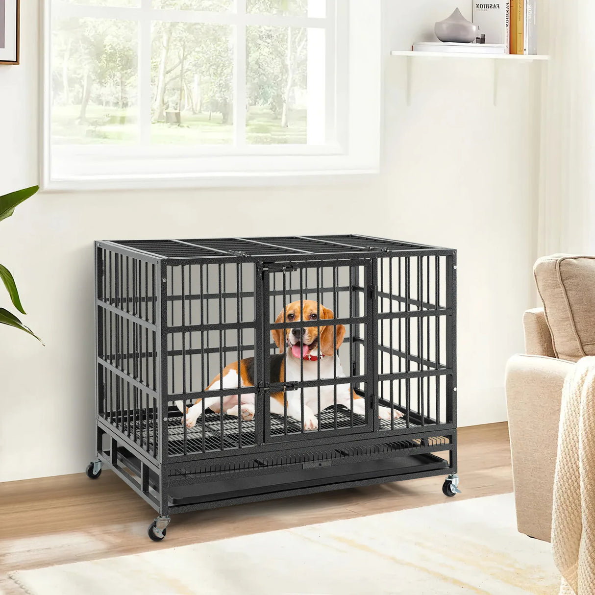96CM/120CM Foldable Heavy-Duty Metal Dog Cage with Lockable Rolling Casters-S