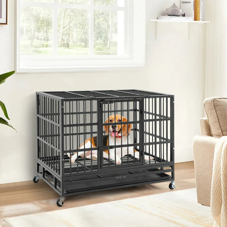 96CM/120CM Foldable Heavy-Duty Metal Dog Cage with Lockable Rolling Casters-S
